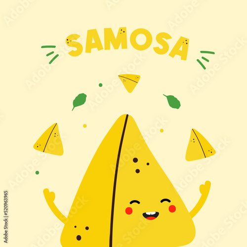 Cute smiling samosa, indian baked savory pastry character presenting, juggling little samosa and greenery. Vector illustration, card.
