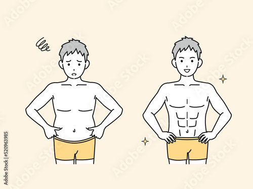 男性のウエストの変化　お腹　贅肉　腹筋　ダイエット　イラスト