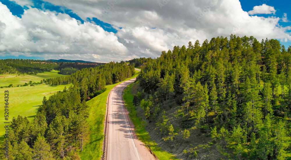 Mountain road aerial view through the woods in summer season