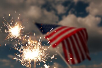 Happy 4th of July Independence Day, Sparkler fireworks USA celebration with American flag nature background. Concept of Fourth of July,Independence,Fireworks,Sparkler, Memorial,Veterans