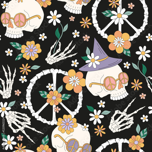 Hippie Groovy Bony Halloween Scull Peace Sign Hand Skeleton Daisy florals vector seamless pattern. Flower power braincase background. Autumn holiday floral surface design.