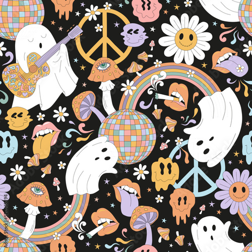 Retro 70s 60s Hippie Halloween Ghost Disco Party Daisy Smilie zombie Flower Rainbow vector seamless pattern. Groovy Spook discotheque background. Disco ball vampy lips mushrooms rave surface design.