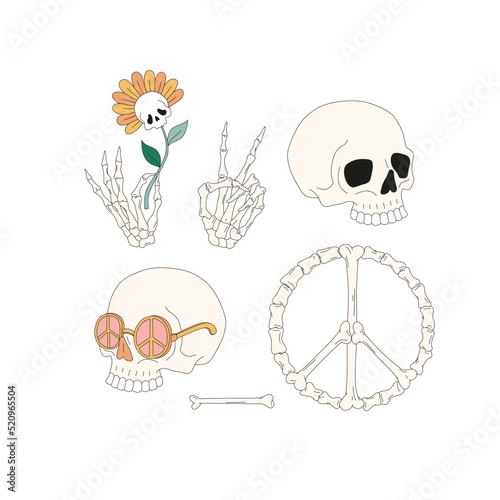 Hippie Groovy Bony Halloween Scull Peace Sign Hand Skeleton Daisy florals vector illustration set isolated on white. Flower power braincase bones print collection for T-shirt design.