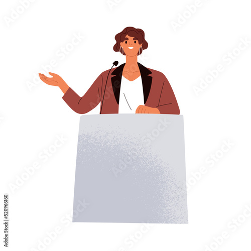 Woman speaker talking behind rostrum with microphone. Official person during public speech, communication. Happy politician speaking at tribune. Flat vector illustration isolated on white background