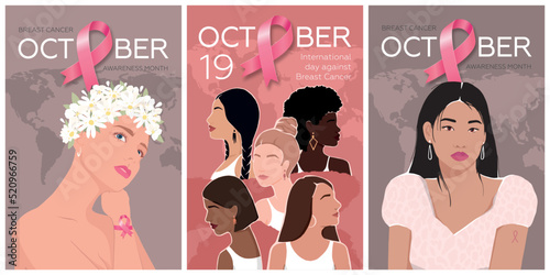 International Breast Cancer Day. A set of posters with a pink ribbon and diverse women with different skin colors together. International day against breast cancer. Modern vector illustration.