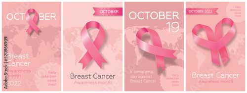 Set of posters with pink ribbon for World Breast Cancer Awareness Month and International day against breast cancer in October. Modern vector illustration.