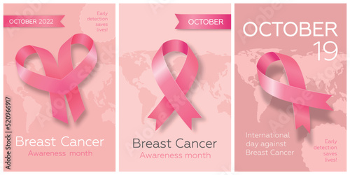 Set of cards with pink ribbon for World Breast Cancer Awareness Month and International day against breast cancer in October. Modern vector illustration.