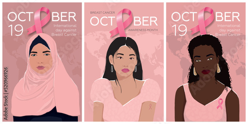 International Breast Cancer Day. A set of cards with a pink ribbon and women of different ethnic groups together. International day against breast cancer. Modern vector illustration.