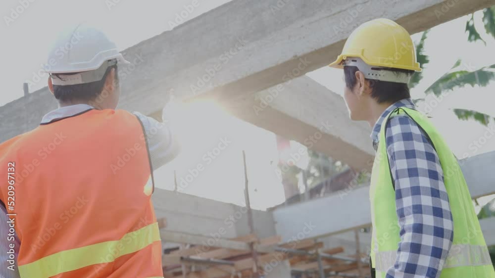 Inspector. Architects or engineers point out the details of the structure to the contractor. Engineers stand to inspect the reinforced concrete structure before executing the 2nd floor structure. Inspector. Architects or engineers point out the details of the structure to the contractor. Engineers stand to inspect the reinforced concrete structure before executing the 2nd floor structure.