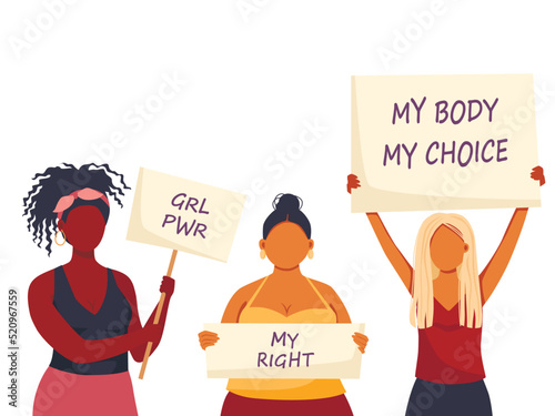 Vector illustration of women holding signs, banner and placards on a protest demostration or picket. Women against violence, descrimination, human rights violation. photo