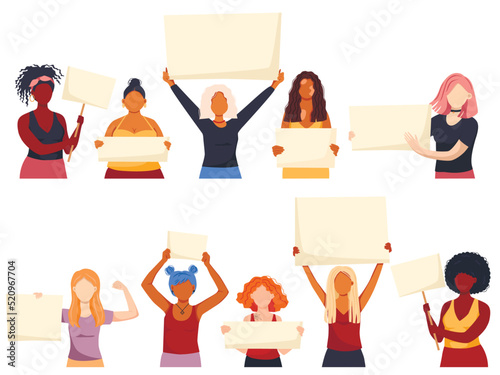 Set of women holding signs, banner and placards on a protest demostration or picket. Women against violence, pollution, descrimination, human rights violation. Vector illustration. photo