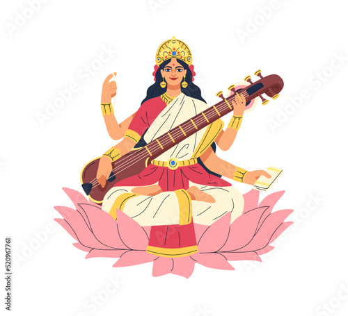 Saraswati, Indian goddess sitting on lotus flower with veena. Saraswathi, female deity from India playing music. Ancient hindu muse character. Flat vector illustration isolated on white background