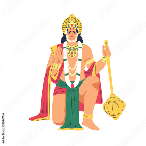 Hanuman, Indian god with monkey face. Hindu deity holding gada weapon. Hinduism divinity of courage, strength, discipline. India divine character. Flat vector illustration isolated on white background
