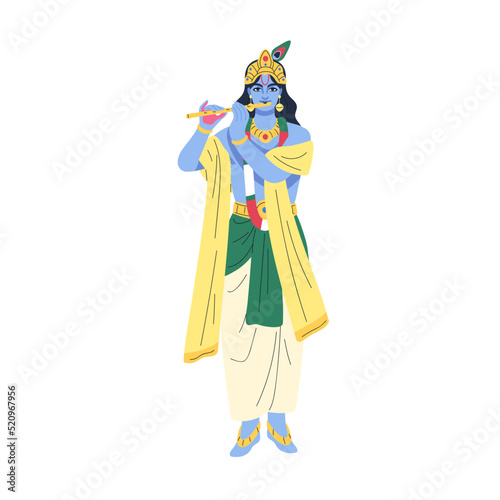 Krishna Janmashtami, Indian god of Hinduism. Major Hindu deity of love playing music, flute. Krishan character from ancient India mythology. Flat vector illustration isolated on white background