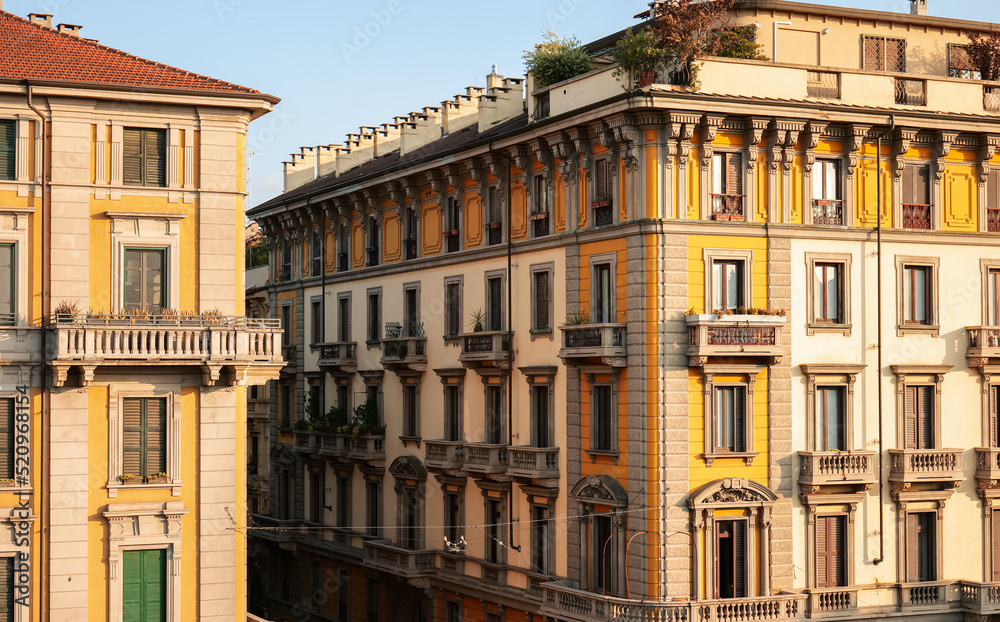 Porta Venezia landmark in Milan with a lot of beautiful architecture buildings. Travel to Italy, July 2022.