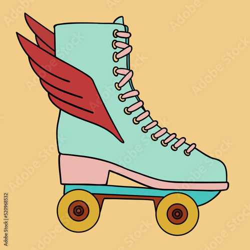 Illustration of a sticker from the 1970s set. Roller skate with wings. Bright memorable design.