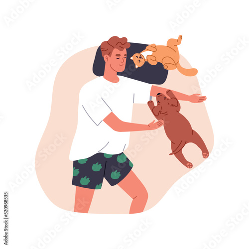 Person sleeping together with cute cat, dog on bed. Pet owner, kitty, puppy asleep, lying on pillow. Kitten, pup doggy napping with young man. Flat vector illustration isolated on white background