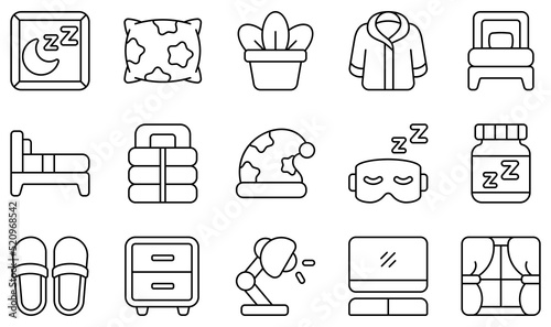 Set of Vector Icons Related to Bedroom. Contains such Icons as Pillow, Single Bed, Sleeping Bag, Slipper, Table, Television and more.