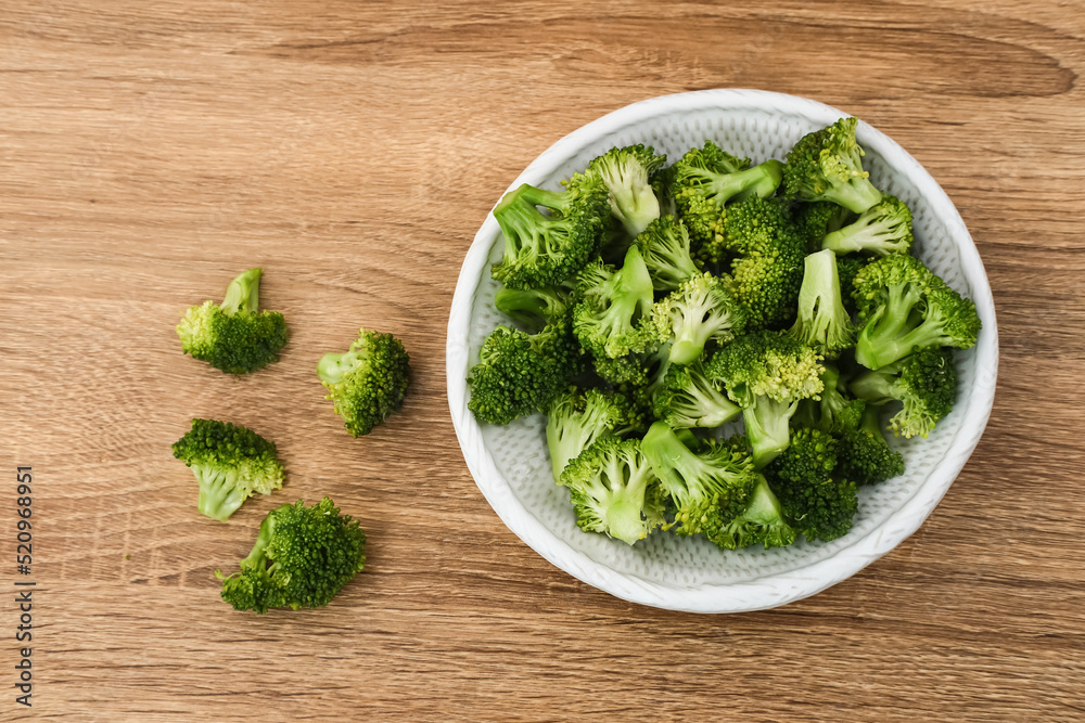 Fresh raw broccoli ready to cook served on white plate on wooden background. Fresh raw broccoli ready to cook served on white plate on wooden background.