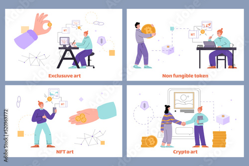 Set of horizontal banners about NFT art people flat style