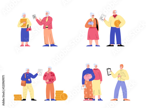 Elderly people set for pension fund savings, flat vector illustration isolated.