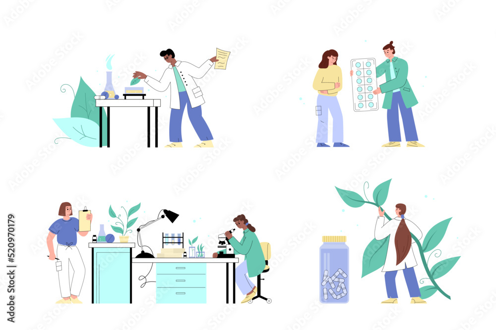 Homeopathy and natural medicine, flat cartoon vector illustration isolated.