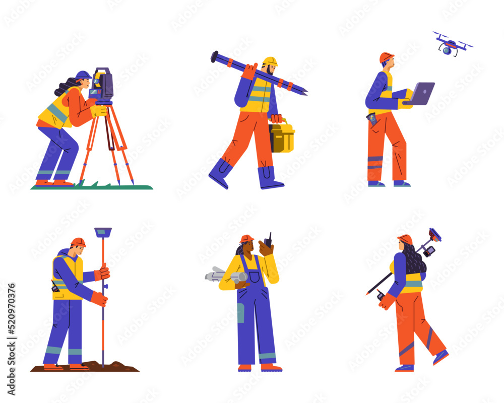 Fototapeta premium Set of surveyor characters flat style, vector illustration