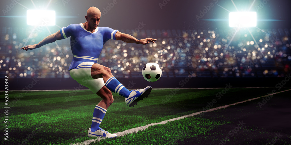 Soccer or European football. Soccer player shoots the ball with stadium in the background. 3D rendering.