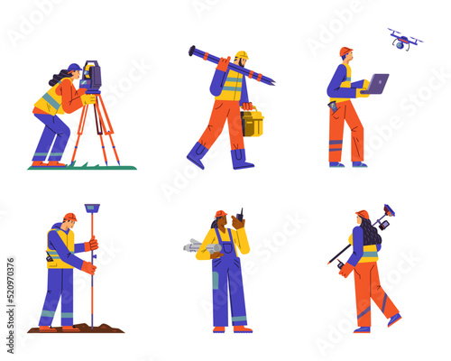 Set of surveyor characters flat style, vector illustration
