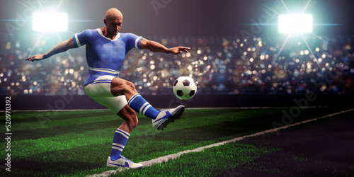 Soccer or European football. Soccer player shoots the ball with stadium in the background. 3D rendering.