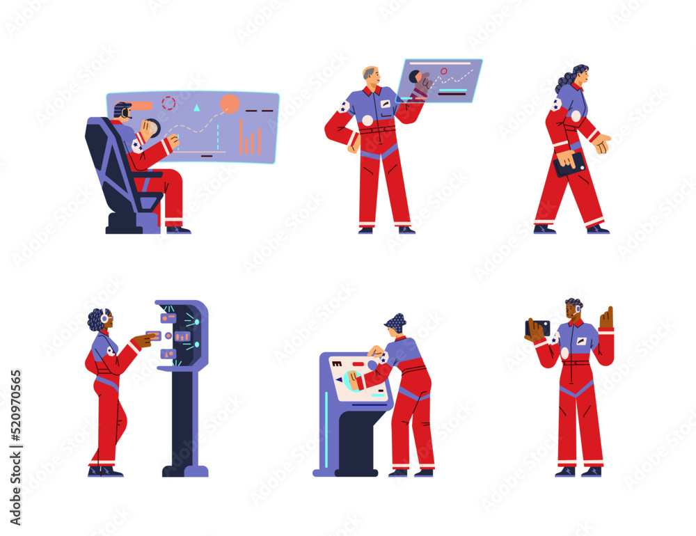 Men and women astronauts working with control panels, flat vector illustration isolated on white background. Men and women astronauts working with control panels, flat vector illustration isolated on white background.