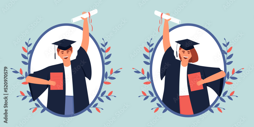 Graduates in a frame with a diploma and a scroll. Close-up of graduates in black dress and graduation hat. Happy teenagers graduated from an educational institution. Flat vector illustration. Graduates in a frame with a diploma and a scroll. Close-up of graduates in black dress and graduation hat. Happy teenagers graduated from an educational institution. Flat vector illustration.
