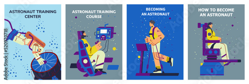 Astronaut training center posters templates set, flat vector illustration.