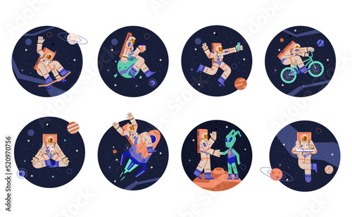 Astronaut in outer space, trendy round stickers set, flat vector illustration isolated on white background.