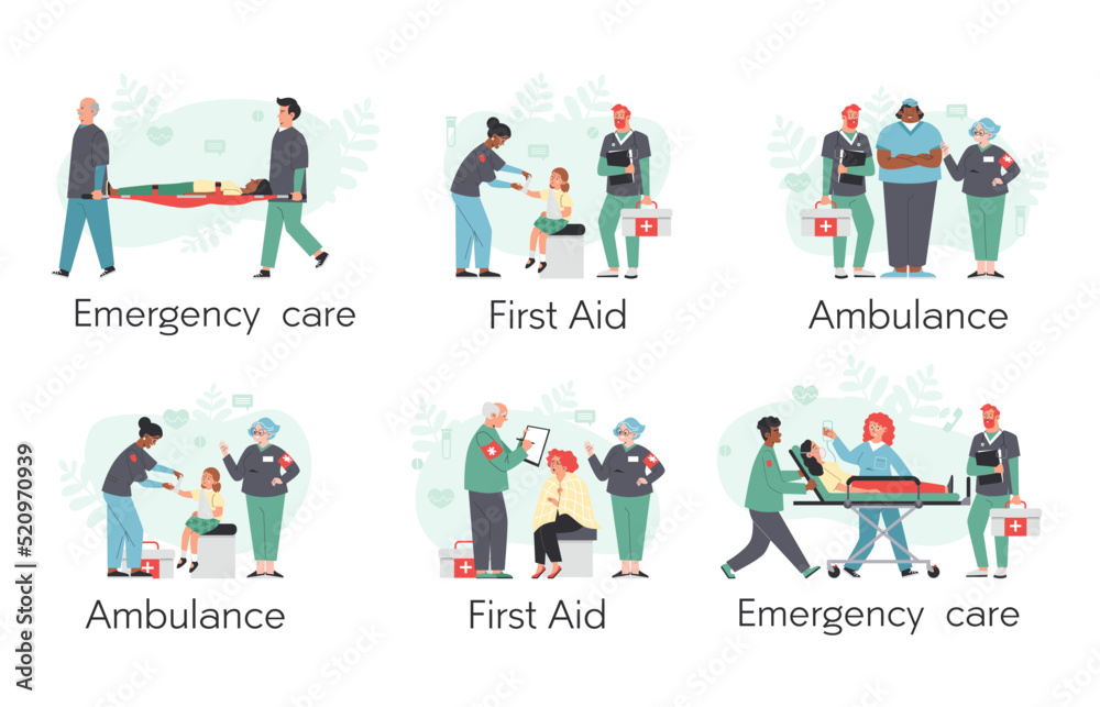 Set of vector flat illustrations about the medical care of paramedics.