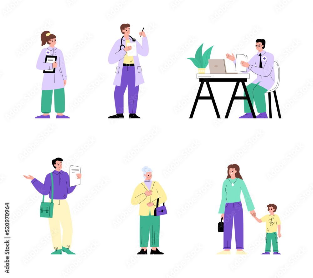 Patients and doctors characters set, flat vector illustration isolated on white background.