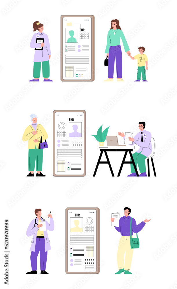 Patients visit doctors with electronic health records on phone, flat vector illustration isolated on white background.