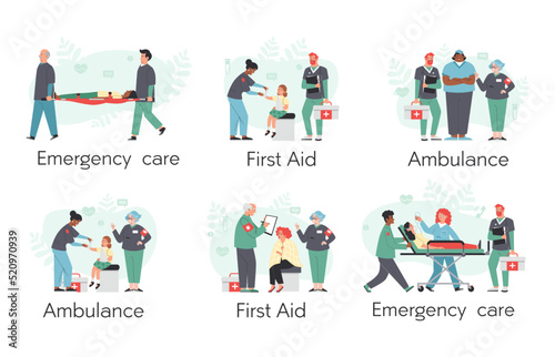 Set of vector flat illustrations about the medical care of paramedics.