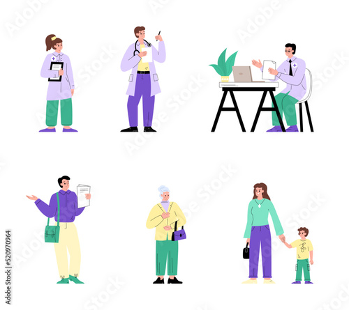 Patients and doctors characters set, flat vector illustration isolated on white background.