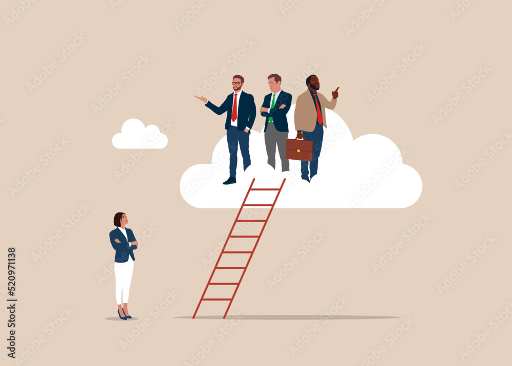 Businessmen climb up ladder up the cloud with no space left for woman. Gender gap, male domination in company executive board, unequal or unfair, inequality in management position. Businessmen climb up ladder up the cloud with no space left for woman. Gender gap, male domination in company executive board, unequal or unfair, inequality in management position.
