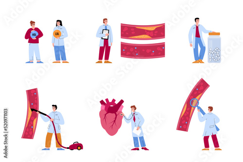 Doctors and cardiologists examining heart and artery, flat vector illustration isolated on white background.