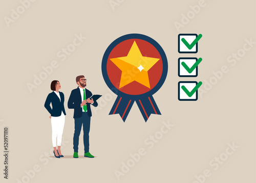 Businessman with employee check quality with passed checklist. Quality Control to check quality and giving certified or approval, process to assure excellence product and service delivery, guarantee. 