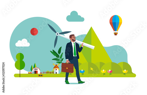 Businessman carrying wind turbine and plant seedling going to create green energy. Business going green, environment eco friendly in climate change crisis or sustainability.