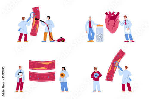 Cholesterol check medical set, flat vector illustration isolated on white.