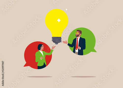 Business people standing on speech bubble talking about new ideas. Business communication, work discussion or conversation to gathering new idea.