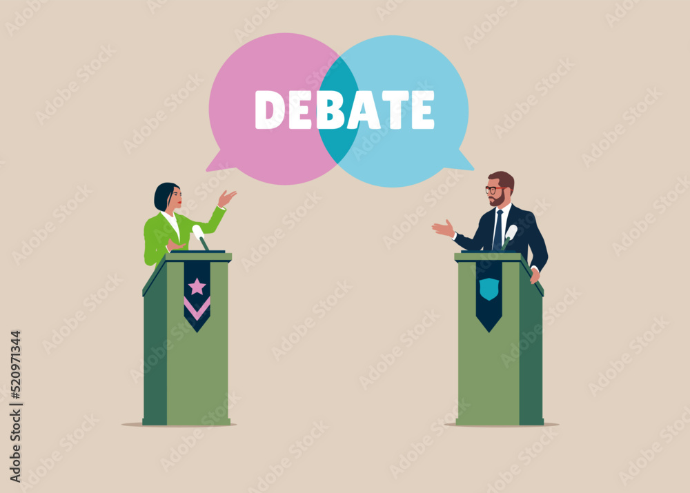Debate before vote. Male and woman of political parties conducting discussion on public debates. Politicians talk, meeting and discuss problems. Election campaign. - obrazy, fototapety, plakaty 