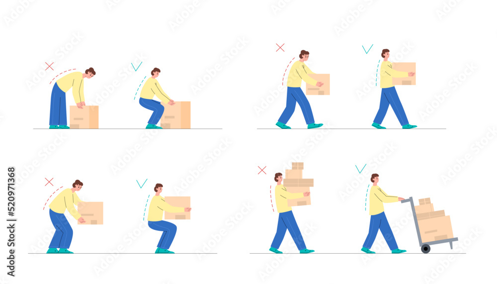 Heavy boxes lifting manual with wrong and right postures or ways, flat vector illustration isolated on white background. Heavy boxes lifting manual with wrong and right postures or ways, flat vector illustration isolated on white background.