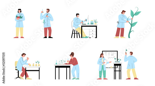 Agronomists scientists study natural resources and plants, flat vector isolated.