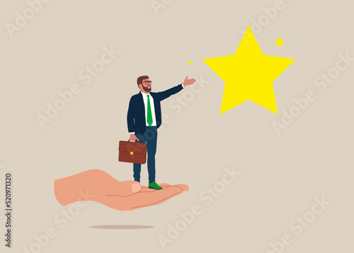 Helping hand lift up businessman employee to overcome obstacle reaching the star in the sky. Career development support,  to help reach business goal to achieve target.