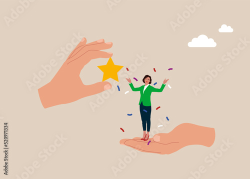 Businesswoman, winning confidence, standing on big hand getting star reward. Employee success recognition, encourage and motivate best performance.
